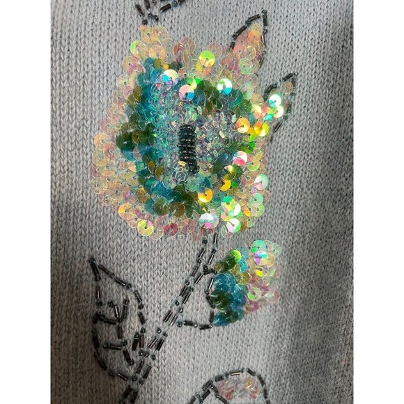 Vintage Silk Floral Sequin Cardigan 1X Blue Rabbit Hair Knit Embellished Chic - Picture 4 of 14